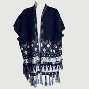 Desheng Black Patterned Multicolor Fair Isle Cardigan/Poncho/Wrap - Size - OS